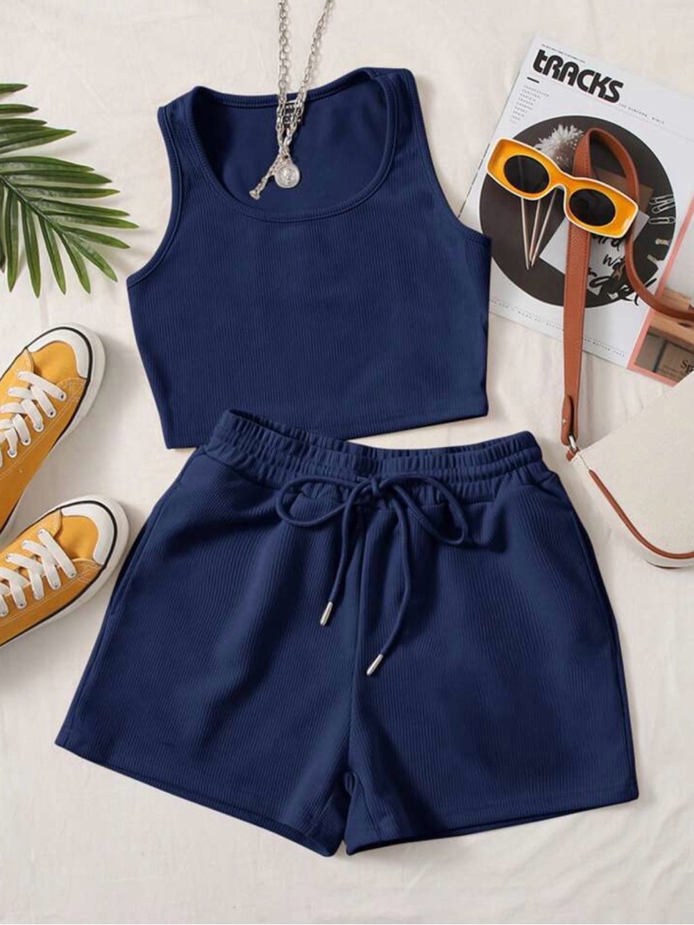 SHEIN Navy Ribbed Drawstring Set